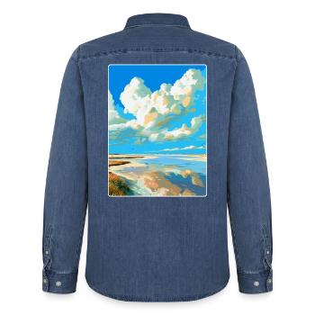 Wattenmeer Niederlande Vintage Reiseposter WPA - Männer Jeanshemd Organic von Stanley/Stella - verwaschenes Mittelblau  - Hinten - AI Model Male 185 light (185cm)