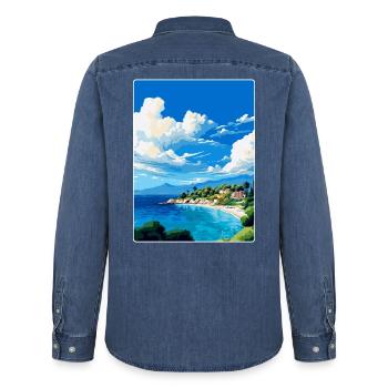 Brac Insel Kroatien Vintage Reiseplakat Souvenir - Männer Jeanshemd Organic von Stanley/Stella - verwaschenes Mittelblau  - Hinten - AI Model Male 185 light (185cm)
