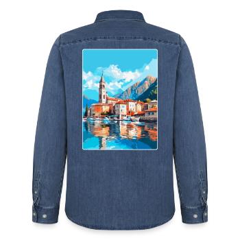 Kotor Montenegro Vintage Reiseplakat Souvenir - Männer Jeanshemd Organic von Stanley/Stella - verwaschenes Mittelblau  - Hinten - AI Model Male 185 light (185cm)