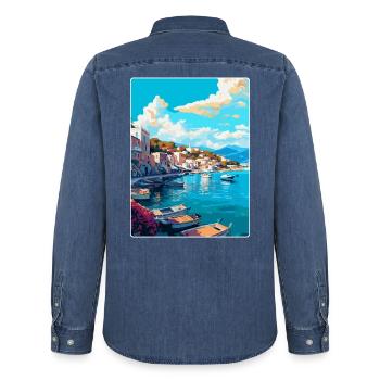 Bodrum Turquie Vintage Voyage Poster WPA Souvenir - Chemise en denim homme bio Stanley/Stella - bleu moyen délavé  - Dos - AI Model Male 185 light (185cm)