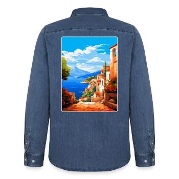 Altea Espagne Affiche de voyage vintage WPA Art Souvenir - Chemise en denim homme bio Stanley/Stella - bleu moyen délavé  - Dos - AI Model Male 185 light (185cm)