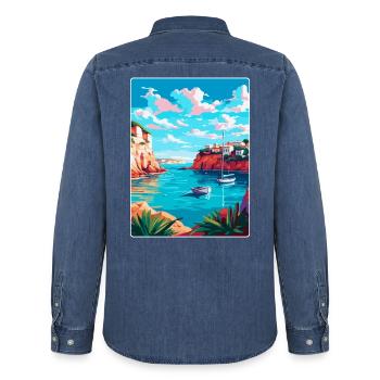 Minorque Espagne Affiche de voyage vintage WPA Souvenir - Chemise en denim homme bio Stanley/Stella - bleu moyen délavé  - Dos - AI Model Male 185 light (185cm)