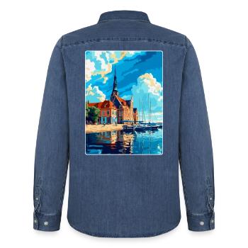 Rostock Allemagne Affiche de voyage vintage Souvenir WPA - Chemise en denim homme bio Stanley/Stella - bleu moyen délavé  - Dos - AI Model Male 185 light (185cm)