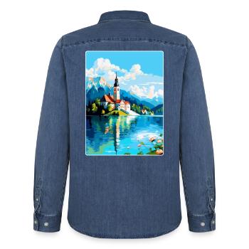 Bleder See Slowenien Vintage Reise Poster Souvenir - Männer Jeanshemd Organic von Stanley/Stella - verwaschenes Mittelblau  - Hinten - AI Model Male 185 light (185cm)