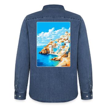 Karpathos Grèce Affiche de voyage vintage souvenir - Chemise en denim homme bio Stanley/Stella - bleu moyen délavé  - Dos - AI Model Male 185 light (185cm)