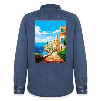 Heraklion Griechenland Vintage Reiseplakat Souvenir - Männer Jeanshemd Organic von Stanley/Stella - verwaschenes Mittelblau  - Hinten - AI Model Male 185 light (185cm)