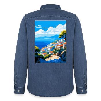 Hydra Greece Vintage Travel Poster WPA Souvenir - Men’s Organic Denim Shirt by Stanley/Stella - mid washy  - Back - AI Model Male 185 light (185cm)