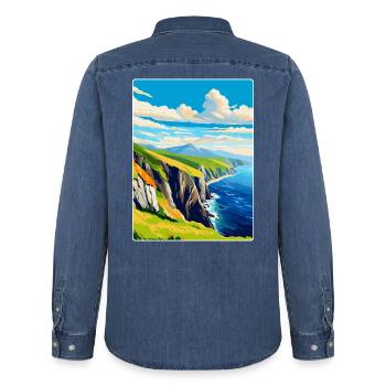 Slieve League Irlande Royaume-Uni Affiche de voyage vintage WPA - Chemise en denim homme bio Stanley/Stella - bleu moyen délavé  - Dos - AI Model Male 185 light (185cm)