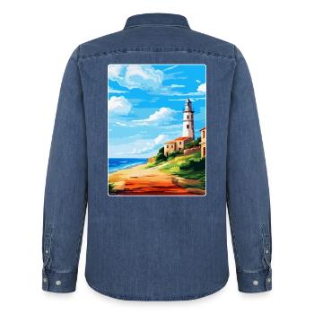 Faro Portugal Vintage Reiseposter WPA Souvenir - Männer Jeanshemd Organic von Stanley/Stella - verwaschenes Mittelblau  - Hinten - AI Model Male 185 light (185cm)
