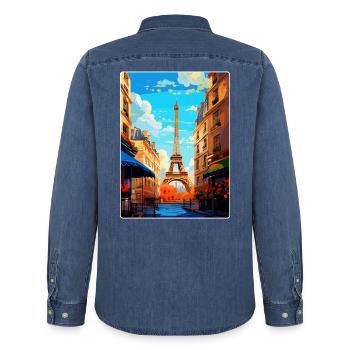 Paris Frankreich Vintage Reiseposter WPA Souvenir - Männer Jeanshemd Organic von Stanley/Stella - verwaschenes Mittelblau  - Hinten - AI Model Male 185 light (185cm)