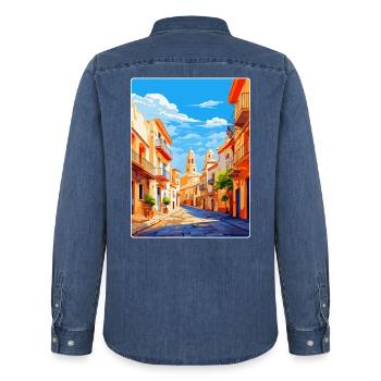 Alicante Espagne Affiche de voyage vintage Souvenir WPA - Chemise en denim homme bio Stanley/Stella - bleu moyen délavé  - Dos - AI Model Male 185 light (185cm)