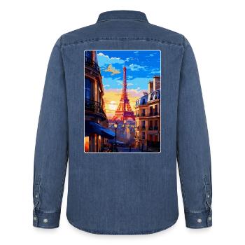 Paris Frankreich Vintage Reiseposter WPA Souvenir - Männer Jeanshemd Organic von Stanley/Stella - verwaschenes Mittelblau  - Hinten - AI Model Male 185 light (185cm)