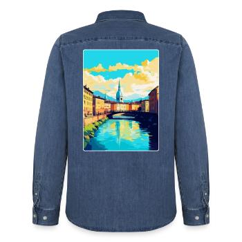 Turin Italie Affiche de voyage vintage WPA Art Souvenir - Chemise en denim homme bio Stanley/Stella - bleu moyen délavé  - Dos - AI Model Male 185 light (185cm)
