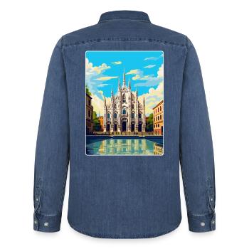 Milan Italie Affiche de voyage vintage WPA Art Souvenir - Chemise en denim homme bio Stanley/Stella - bleu moyen délavé  - Dos - AI Model Male 185 light (185cm)