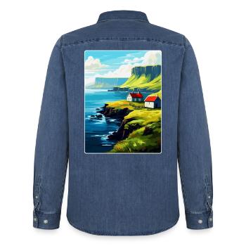 Färöer Insel Dänemark Vintage Reise Poster WPA Kunst - Männer Jeanshemd Organic von Stanley/Stella - verwaschenes Mittelblau  - Hinten - AI Model Male 185 light (185cm)