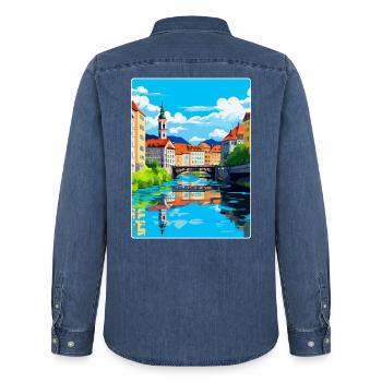 Ljubljana Slovénie Affiche de voyage vintage souvenir - Chemise en denim homme bio Stanley/Stella - bleu moyen délavé  - Dos - AI Model Male 185 light (185cm)