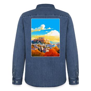 Athènes Grèce Affiche de voyage vintage WPA Souvenir - Chemise en denim homme bio Stanley/Stella - bleu moyen délavé  - Dos - AI Model Male 185 light (185cm)