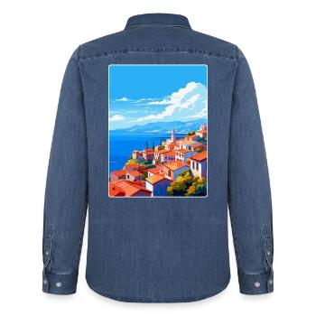 Griechenland Vintage Reiseposter WPA Souvenir - Männer Jeanshemd Organic von Stanley/Stella - verwaschenes Mittelblau  - Hinten - AI Model Male 185 light (185cm)