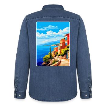 Korfu Griechenland Vintage Reiseplakat WPA Souvenir - Männer Jeanshemd Organic von Stanley/Stella - verwaschenes Mittelblau  - Hinten - AI Model Male 185 light (185cm)
