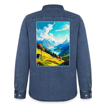 Stanserhorn Schweiz Vintage Reiseplakat WPA - Männer Jeanshemd Organic von Stanley/Stella - verwaschenes Mittelblau  - Hinten - AI Model Male 185 light (185cm)