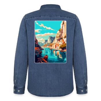 Omis Kroatien Vintage Reiseplakat WPA Souvenir - Männer Jeanshemd Organic von Stanley/Stella - verwaschenes Mittelblau  - Hinten - AI Model Male 185 light (185cm)