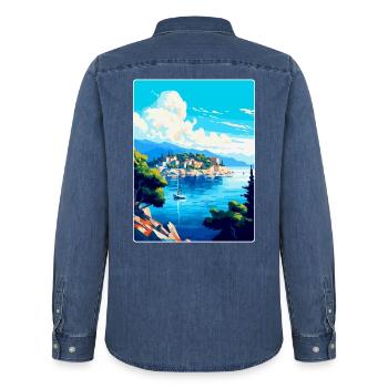 Insel Vis Kroatien Vintage Reiseplakat Souvenir - Männer Jeanshemd Organic von Stanley/Stella - verwaschenes Mittelblau  - Hinten - AI Model Male 185 light (185cm)