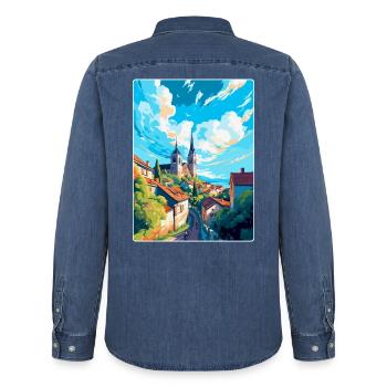 Tabor République tchèque Affiche de voyage vintage WPA Art - Chemise en denim homme bio Stanley/Stella - bleu moyen délavé  - Dos - AI Model Male 185 light (185cm)