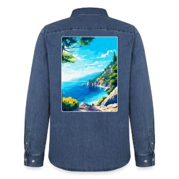 Brela Kroatien Vintage Reiseposter WPA Souvenir - Männer Jeanshemd Organic von Stanley/Stella - verwaschenes Mittelblau  - Hinten - AI Model Male 185 light (185cm)
