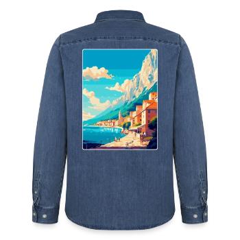 Makarska Kroatien Vintage Reiseplakat Souvenir - Männer Jeanshemd Organic von Stanley/Stella - verwaschenes Mittelblau  - Hinten - AI Model Male 185 light (185cm)