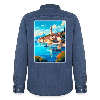 Korcula Kroatien Vintage Reiseplakat Souvenir WPA - Männer Jeanshemd Organic von Stanley/Stella - verwaschenes Mittelblau  - Hinten - AI Model Male 185 light (185cm)