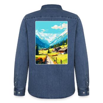 Klosters Serneus Schweiz Vintage Reiseposter - Männer Jeanshemd Organic von Stanley/Stella - verwaschenes Mittelblau  - Hinten - AI Model Male 185 light (185cm)