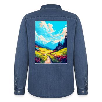 Schrattenfluh Schweiz Vintage Reiseplakat - Männer Jeanshemd Organic von Stanley/Stella - verwaschenes Mittelblau  - Hinten - AI Model Male 185 light (185cm)