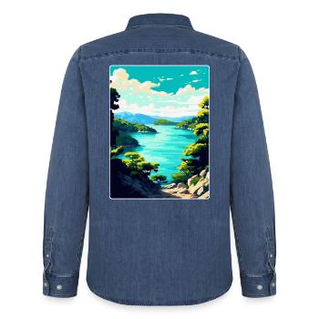 Mljet Kroatien Vintage Reiseposter WPA Souvenir - Männer Jeanshemd Organic von Stanley/Stella - verwaschenes Mittelblau  - Hinten - AI Model Male 185 light (185cm)