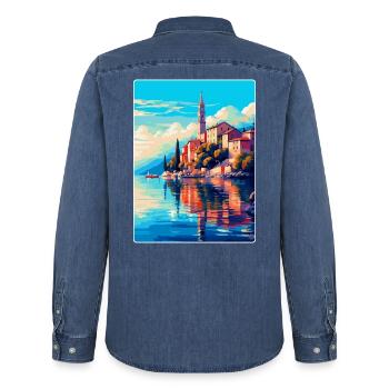 Lovran Kroatien Vintage Reiseplakat Souvenir WPA - Männer Jeanshemd Organic von Stanley/Stella - verwaschenes Mittelblau  - Hinten - AI Model Male 185 light (185cm)