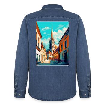 Osijek Kroatien Vintage Reiseplakat Souvenir WPA - Männer Jeanshemd Organic von Stanley/Stella - verwaschenes Mittelblau  - Hinten - AI Model Male 185 light (185cm)