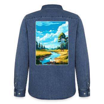 Affiche de voyage vintage Swietokrzyski Pologne WPA Art - Chemise en denim homme bio Stanley/Stella - bleu moyen délavé  - Dos - AI Model Male 185 light (185cm)