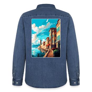Bayonne France Affiche de voyage vintage Souvenir WPA - Chemise en denim homme bio Stanley/Stella - bleu moyen délavé  - Dos - AI Model Male 185 light (185cm)