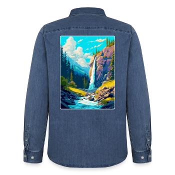Trummelbachfälle Schweiz Reiseplakat WPA - Männer Jeanshemd Organic von Stanley/Stella - verwaschenes Mittelblau  - Hinten - AI Model Male 185 light (185cm)