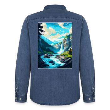 Engstligen Falls Schweiz Vintage Reiseplakat - Männer Jeanshemd Organic von Stanley/Stella - verwaschenes Mittelblau  - Hinten - AI Model Male 185 light (185cm)