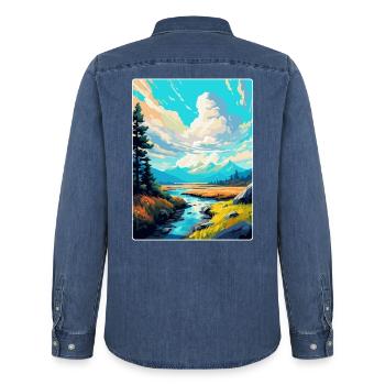 Pieninski Polen Vintage Reiseposter Souvenir - Männer Jeanshemd Organic von Stanley/Stella - verwaschenes Mittelblau  - Hinten - AI Model Male 185 light (185cm)