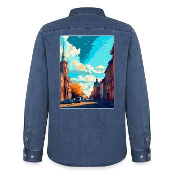 Lodz Pologne Affiche de voyage vintage WPA Art Souvenir - Chemise en denim homme bio Stanley/Stella - bleu moyen délavé  - Dos - AI Model Male 185 light (185cm)