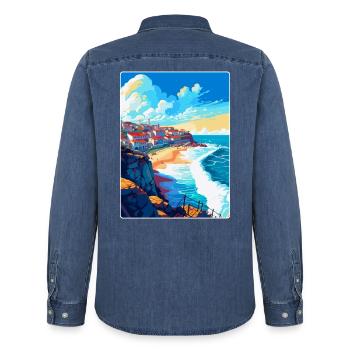 Nazare Portugal Vintage Reiseplakat Souvenir WPA - Männer Jeanshemd Organic von Stanley/Stella - verwaschenes Mittelblau  - Hinten - AI Model Male 185 light (185cm)