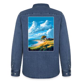 Gotland Schweden Vintage Reiseplakat Souvenir WPA - Männer Jeanshemd Organic von Stanley/Stella - verwaschenes Mittelblau  - Hinten - AI Model Male 185 light (185cm)