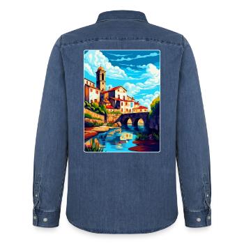 Barcelos Portugal Vintage Reiseplakat Souvenir - Männer Jeanshemd Organic von Stanley/Stella - verwaschenes Mittelblau  - Hinten - AI Model Male 185 light (185cm)