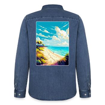 Strand Podrace Kroatien Vintage Reiseposter WPA - Männer Jeanshemd Organic von Stanley/Stella - verwaschenes Mittelblau  - Hinten - AI Model Male 185 light (185cm)