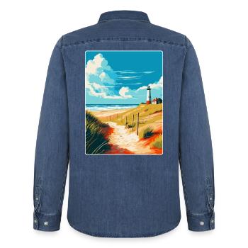 Sylt Island Germany Vintage Travel Poster Souvenir - Men’s Organic Denim Shirt by Stanley/Stella - mid washy  - Back - AI Model Male 185 light (185cm)