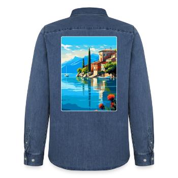 Lake Garda Italy Vintage Travel Poster Souvenir - Men’s Organic Denim Shirt by Stanley/Stella - mid washy  - Back - AI Model Male 185 light (185cm)