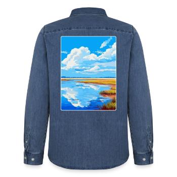 Niedersächsisches Wattenmeer Deutschland Vintage Reiseplakat - Männer Jeanshemd Organic von Stanley/Stella - verwaschenes Mittelblau  - Hinten - AI Model Male 185 light (185cm)