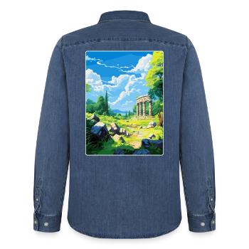 Affiche de voyage vintage de la Grèce antique Olympi WPA - Chemise en denim homme bio Stanley/Stella - bleu moyen délavé  - Dos - AI Model Male 185 light (185cm)