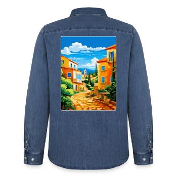 Vila Vicosa Portugal Affiche de voyage vintage WPA Art - Chemise en denim homme bio Stanley/Stella - bleu moyen délavé  - Dos - AI Model Male 185 light (185cm)